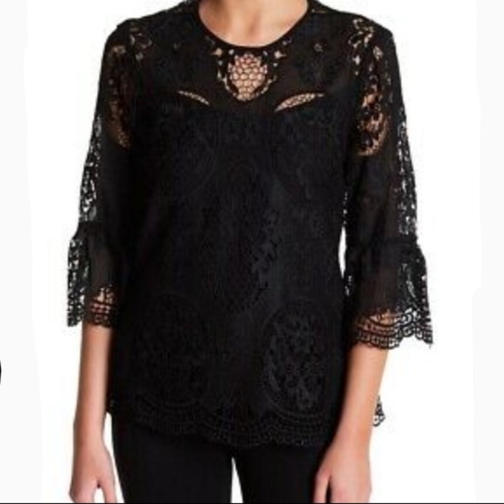 Anthropologie Ro De Womens Black Lace Blouse Sheer Bell Sleeves size Small